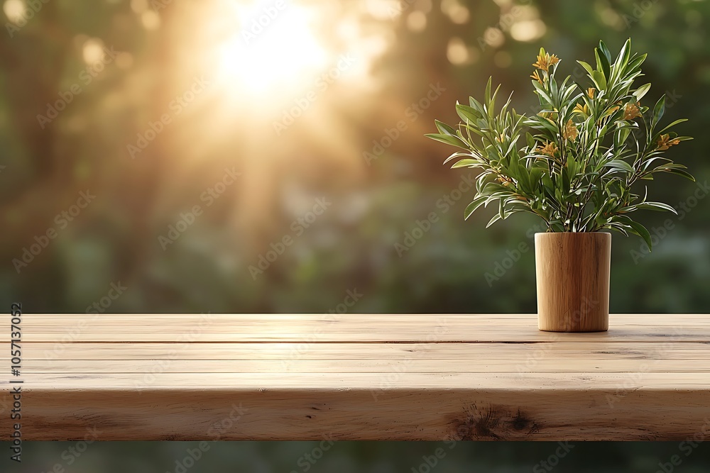 Fototapeta premium Serene indoor plant arrangement bathed in soft sunlight on a wooden table creating a relaxing atmosphere