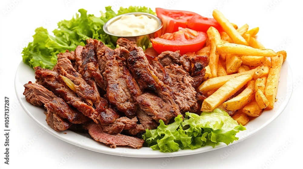 Doner kebab meat with pommes frites potatoes and salad on plate isolated on white background Doner kebab meat with pommes frites potatoes and salad on plate isolated on white background