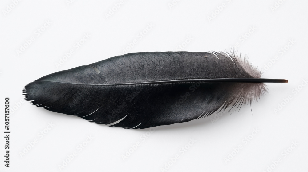 Close-up of a single large black bird feather with detailed texture on a plain white background. Close-up of a single large black bird feather with detailed texture on a plain white background.
