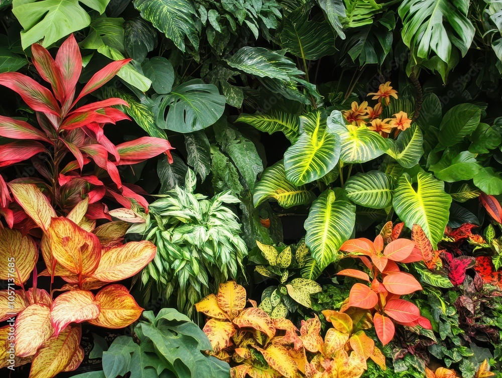 Obraz premium A vibrant display of tropical plants showcasing a variety of colorful leaves and textures in a lush green setting.