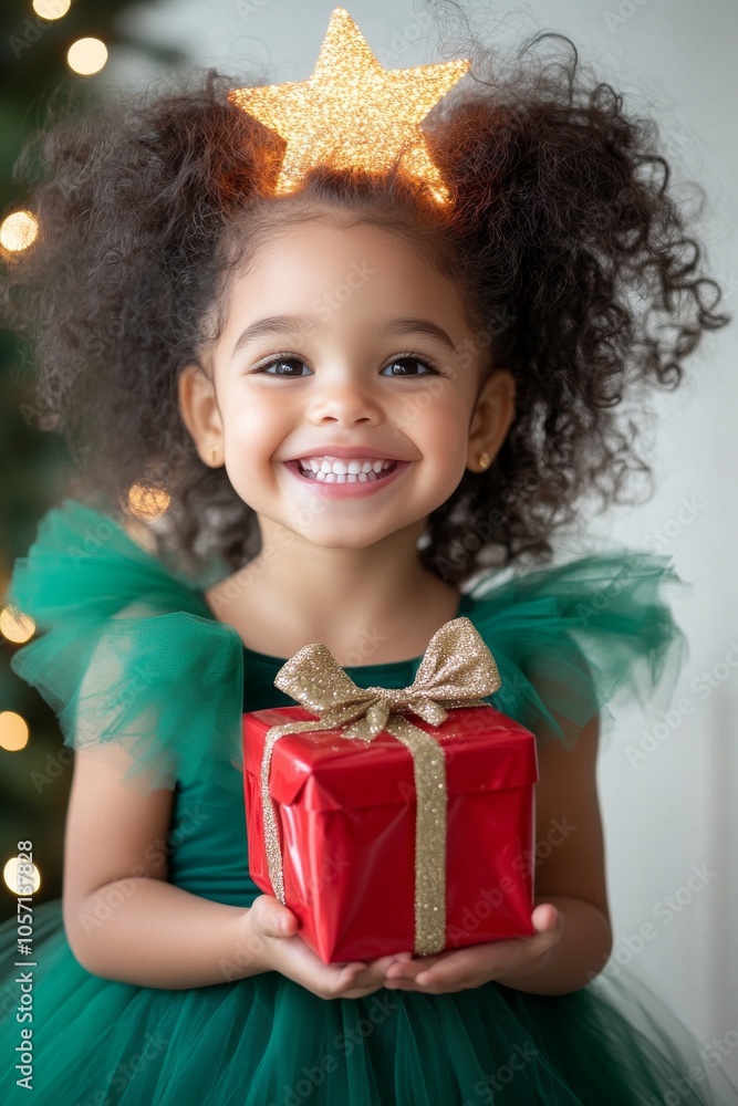 Smiling girl in a green dress holding a red present, exuding joy and excitement, all set against a backdrop of festive holiday decorations and warm lights. Smiling girl in a green dress holding a red present, exuding joy and excitement, all set against a backdrop of festive holiday decorations and warm lights.