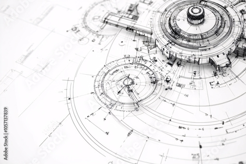 A detailed technical blueprint in black and white showing intricate circular and linear structures evoking architectural and mechanical themes

