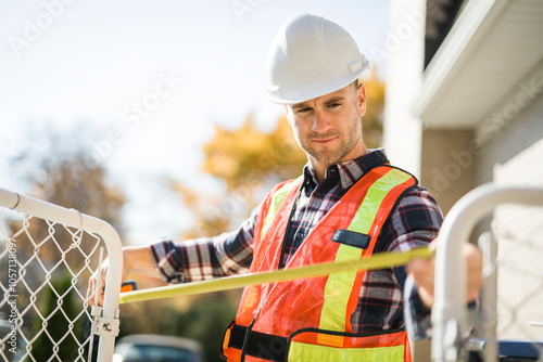 Safety fence at swimmimg pool with worker inspection men photo