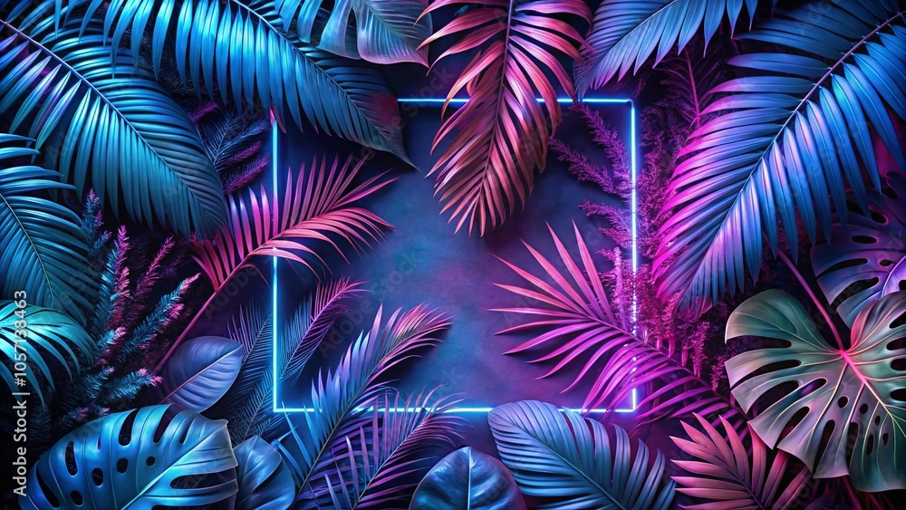 Neon Square Frame Surrounded by Tropical Leaves in Vibrant Purple and Blue Hues Neon Square Frame Surrounded by Tropical Leaves in Vibrant Purple and Blue Hues