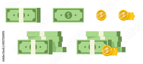Stacks of Cash and Gold Coins in Simple Vector Style. Vector Set of Dollar Stacks of Cash and Gold Coins.