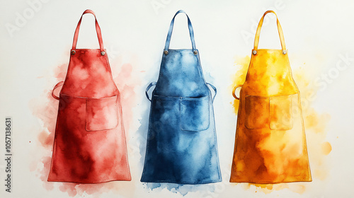 Colorful watercolor aprons in red, blue, and yellow on white background photo