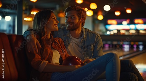 A man and woman are sitting on a couch in a bowling alley