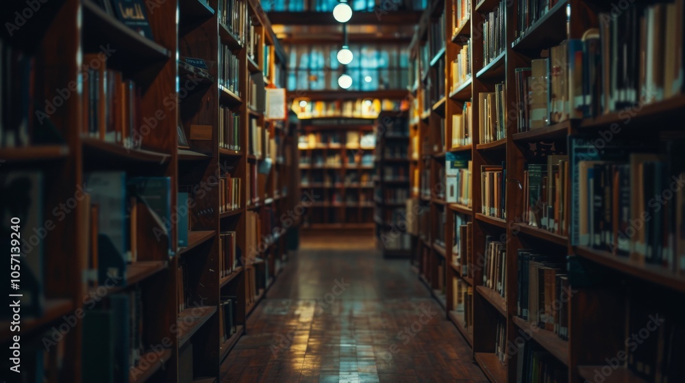 Aisle in a library filled with books on wooden shelves Aisle in a library filled with books on wooden shelves