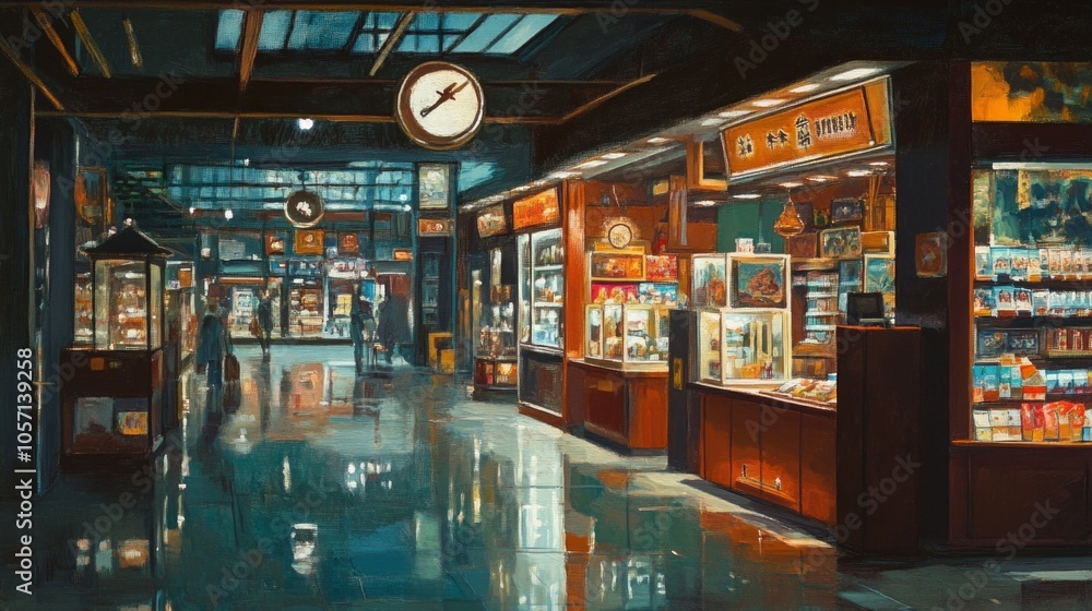 A painting of a mall with a clock on the wall A painting of a mall with a clock on the wall