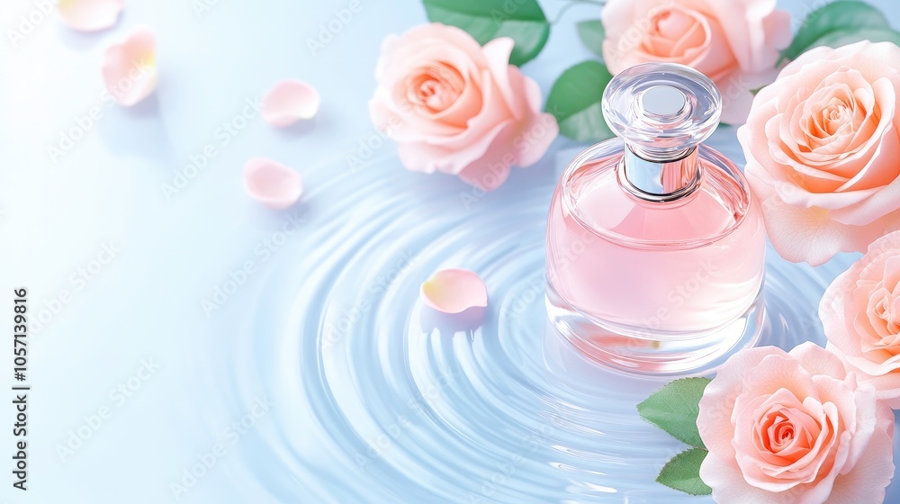Elegant perfume bottle surrounded by delicate roses on a serene pastel blue backdrop with gentle water ripples Elegant perfume bottle surrounded by delicate roses on a serene pastel blue backdrop with gentle water ripples