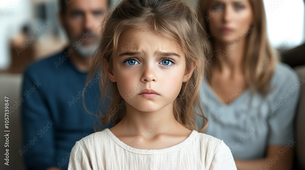 Obraz premium Concerned child amidst parents, conveying emotions of anxiety and uncertainty.