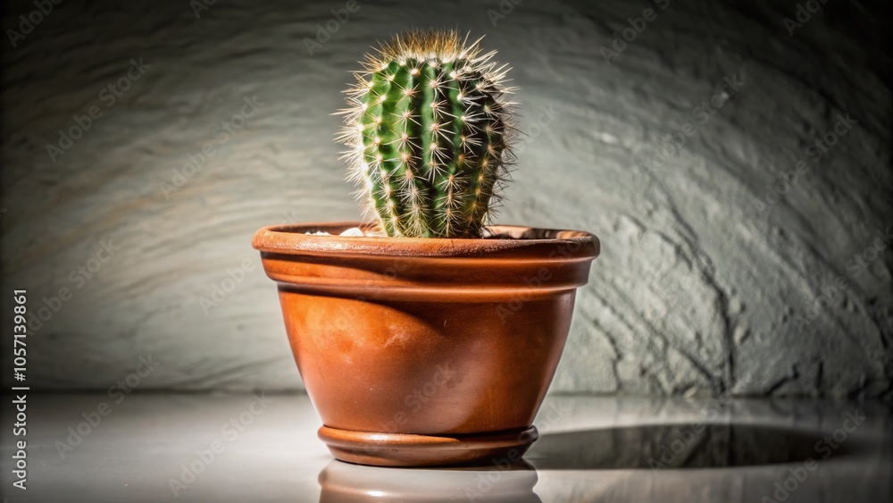 Night Photography of a Small Cactus in an Orange Clay Pot on White Background Night Photography of a Small Cactus in an Orange Clay Pot on White Background