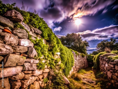 Night Photography of a Rough Textured Wild Stone Wall Background for Dramatic Landscapes