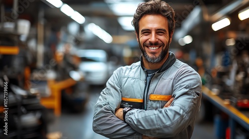 Confident mechanic smiling in workshop, arms crossed, professional atmosphere.