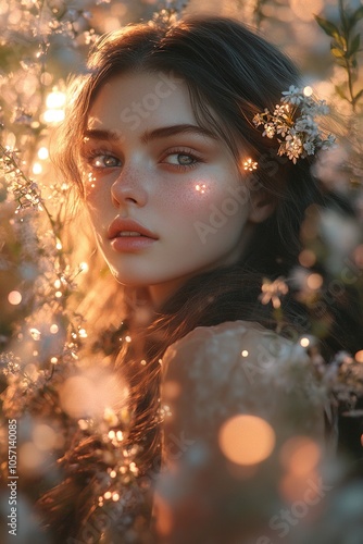 Fantasy fairy girl with flower crown and wings, glowing in a petal-filled meadow photo