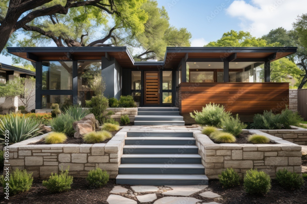 Modern home with landscaped garden and stone pathway. Modern home with landscaped garden and stone pathway.