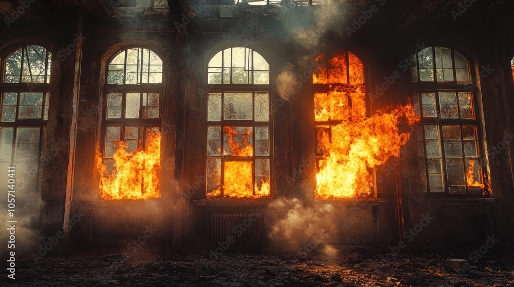 Fototapeta premium A burning building with flames leaping out of the windows.