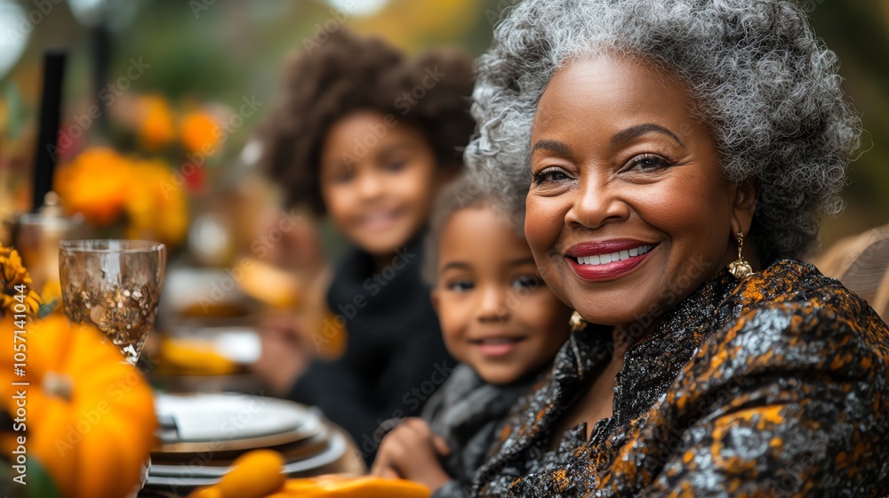 Happy family gathering around a beautifully set table with autumn decorations. Happy family gathering around a beautifully set table with autumn decorations.