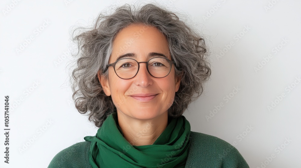 Obraz premium Portrait of a Smiling Senior Woman with Curly Gray Hair and Glasses