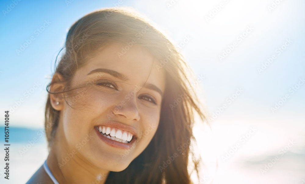 Tourist, portrait and smile on beach for holiday, vacation and summer adventure or ocean outdoor. Woman, nature and Miami for freedom, confidence and weekend travel with swimsuit for happiness Tourist, portrait and smile on beach for holiday, vacation and summer adventure or ocean outdoor. Woman, nature and Miami for freedom, confidence and weekend travel with swimsuit for happiness