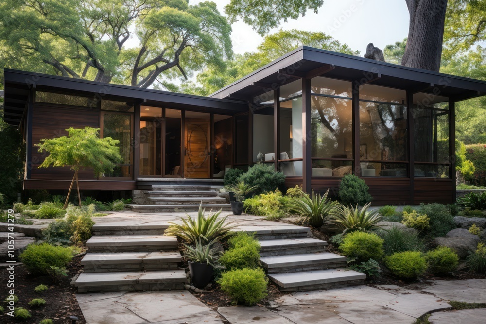A modern home with large glass windows surrounded by lush greenery and stone pathways. A modern home with large glass windows surrounded by lush greenery and stone pathways.