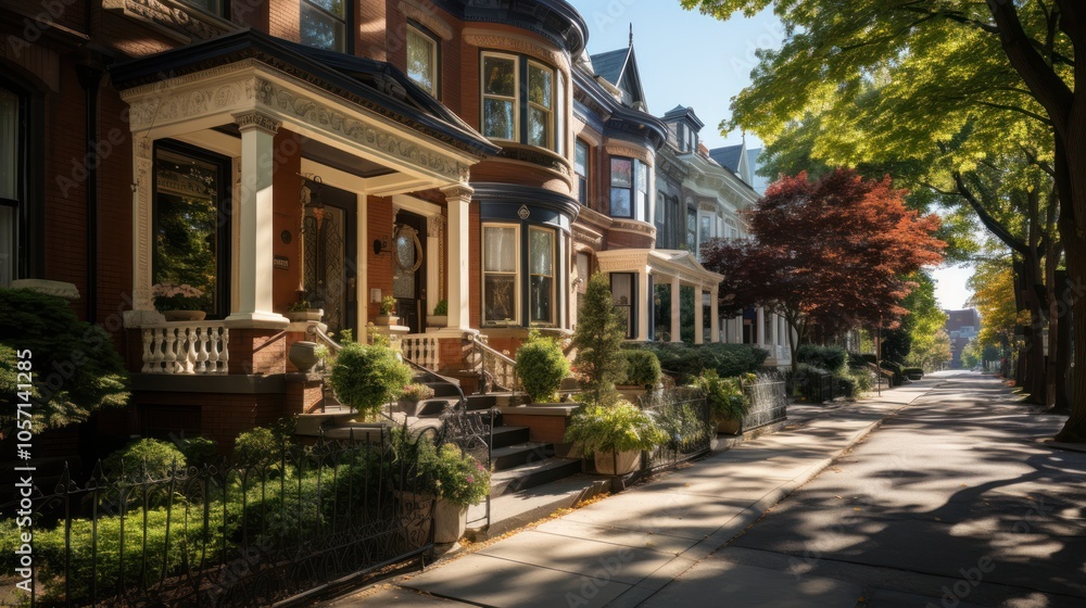 Charming residential street lined with elegant homes and lush greenery. Charming residential street lined with elegant homes and lush greenery.
