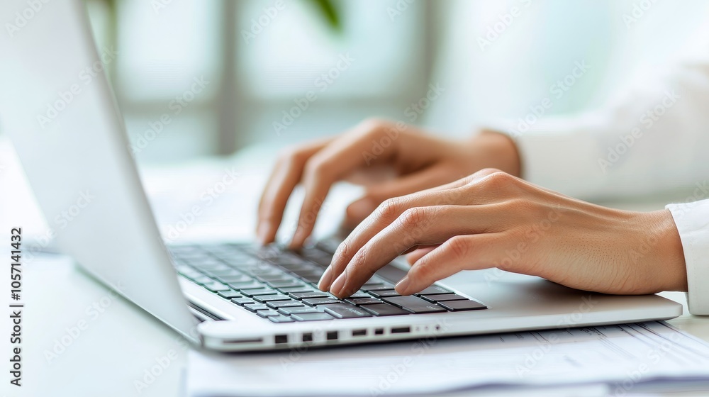 A close-up of hands typing on a laptop, highlighting productivity and the use of technology in work or communication settings. A close-up of hands typing on a laptop, highlighting productivity and the use of technology in work or communication settings.