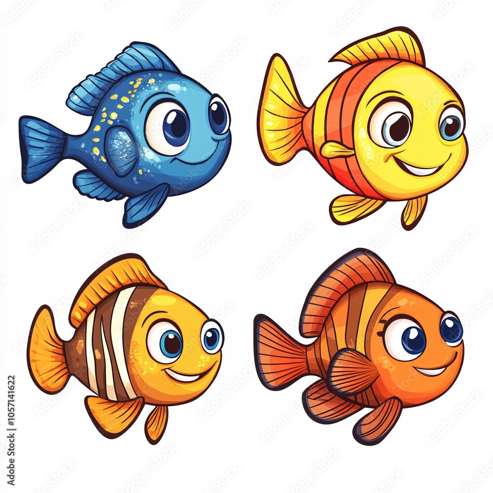Cute cartoon fish swimming, on a white background, flat vector graphic designs, simple lines, cute cartoon fish, Cute cartoon fish swimming, on a white background, flat vector graphic designs, simple lines, cute cartoon fish,