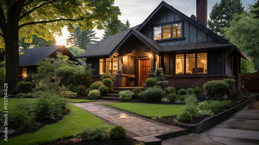 A charming house with landscaped gardens, illuminated in the evening light. A charming house with landscaped gardens, illuminated in the evening light.