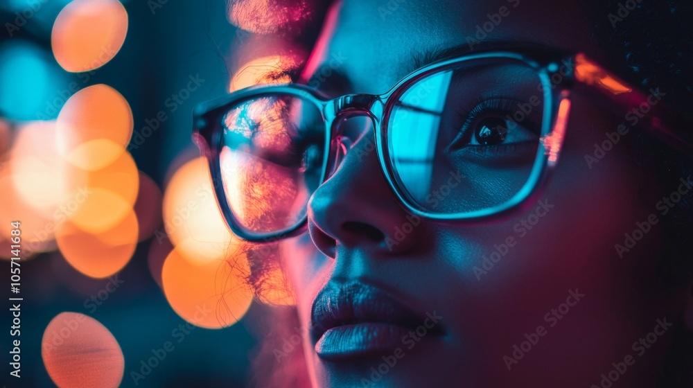 Close-up portrait of a woman wearing glasses with colorful lights Close-up portrait of a woman wearing glasses with colorful lights