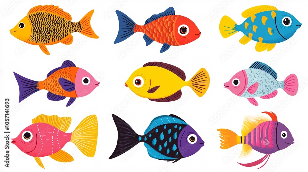 Cute cartoon fish swimming, on a white background, flat vector graphic designs, simple lines, cute cartoon fish, Cute cartoon fish swimming, on a white background, flat vector graphic designs, simple lines, cute cartoon fish,
