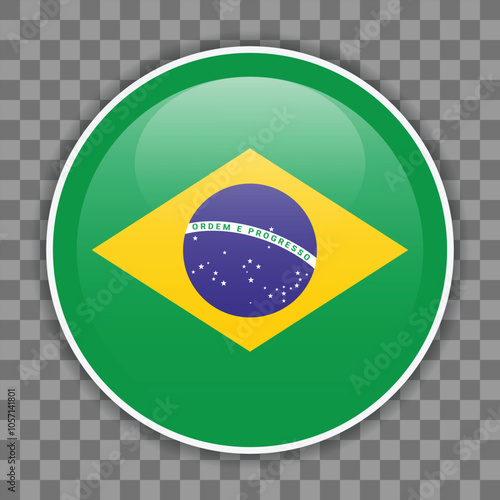 Glossy round flag of Brazil on checkered background. Icon for mobile apps, UI or web design