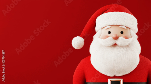 Cheerful Santa Claus in red suit with fluffy hat against red background