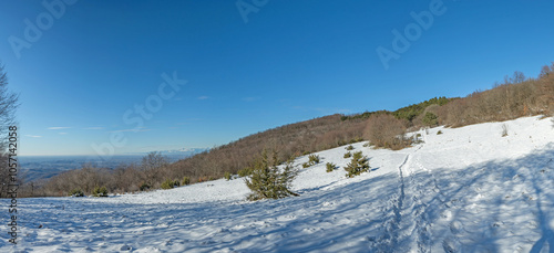 ampia vista panoramica su un ambiente naturale innevato, tra colline e montagne selvagge, nella Slovenia occidentale, di mattina, in inverno, sotto un cielo completamente sereno photo