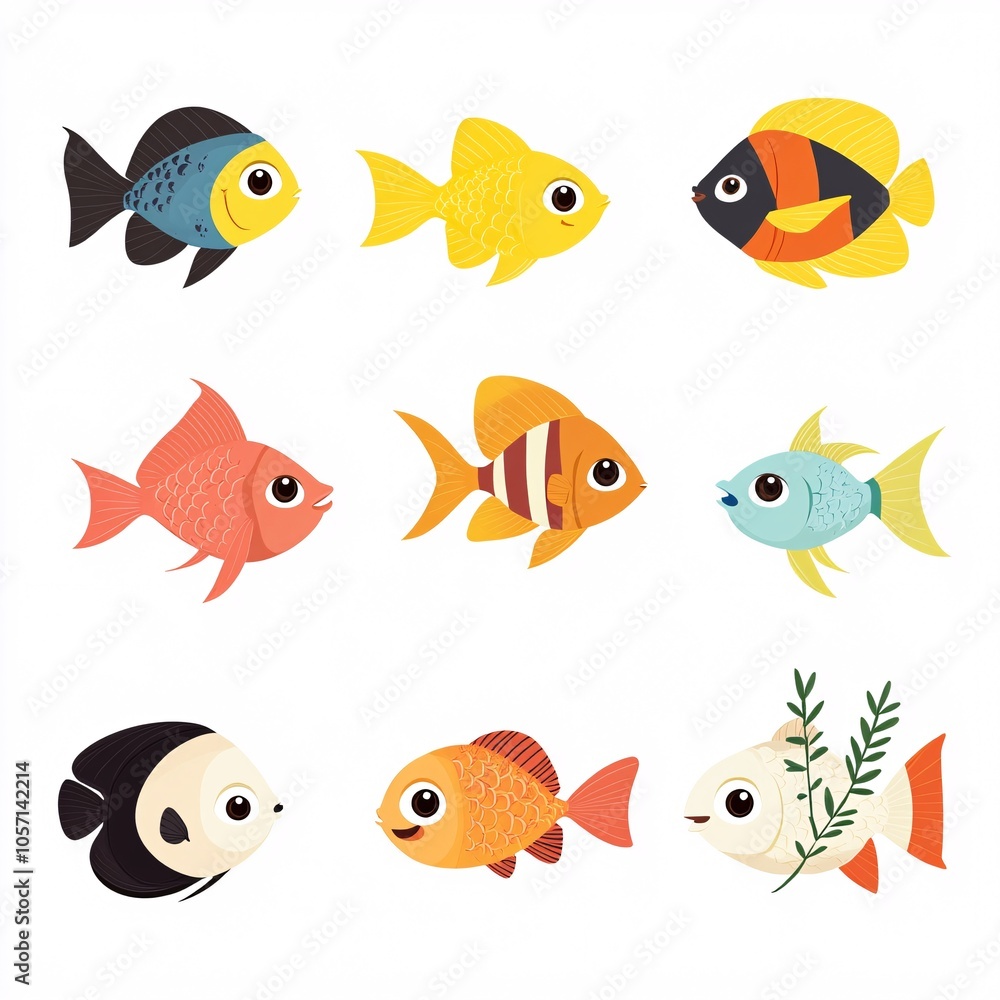 Cute cartoon fish swimming, on a white background, flat vector graphic designs, simple lines, cute cartoon fish, Cute cartoon fish swimming, on a white background, flat vector graphic designs, simple lines, cute cartoon fish,