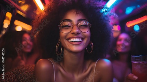 Smiling woman with glasses enjoying time with friends in vibrant nightlife setting. photo