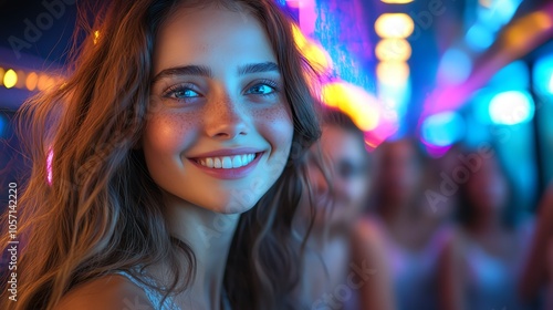 Smiling woman in vibrant light setting, joyful atmosphere, candid shot.