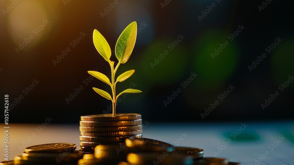 A green sprout grows from a pile of coins, symbolizing growth, investment, and the connection between nature and finance. A green sprout grows from a pile of coins, symbolizing growth, investment, and the connection between nature and finance.