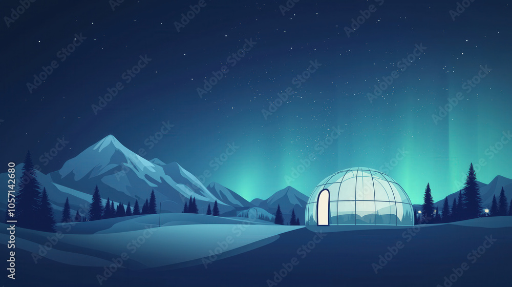 Fototapeta premium Glass igloos, arctic resort, magnificent aurora, snowy mountains, perfect winter travel destination, minimalist flat illustration, vector art, travel poster, ultra-high resolution.