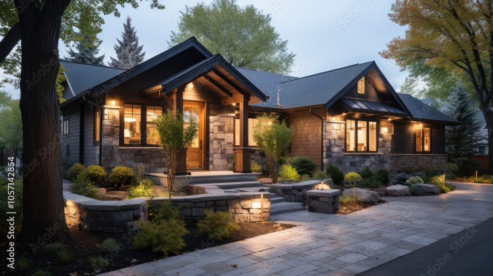 Elegant modern home with stone facade, illuminated landscaping, and welcoming entrance. Elegant modern home with stone facade, illuminated landscaping, and welcoming entrance.