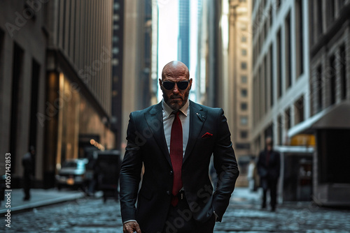 A powerful businessman in a black suit and red tie walking down a narrow city street, showcasing confidence and authority amidst skyscrapers 