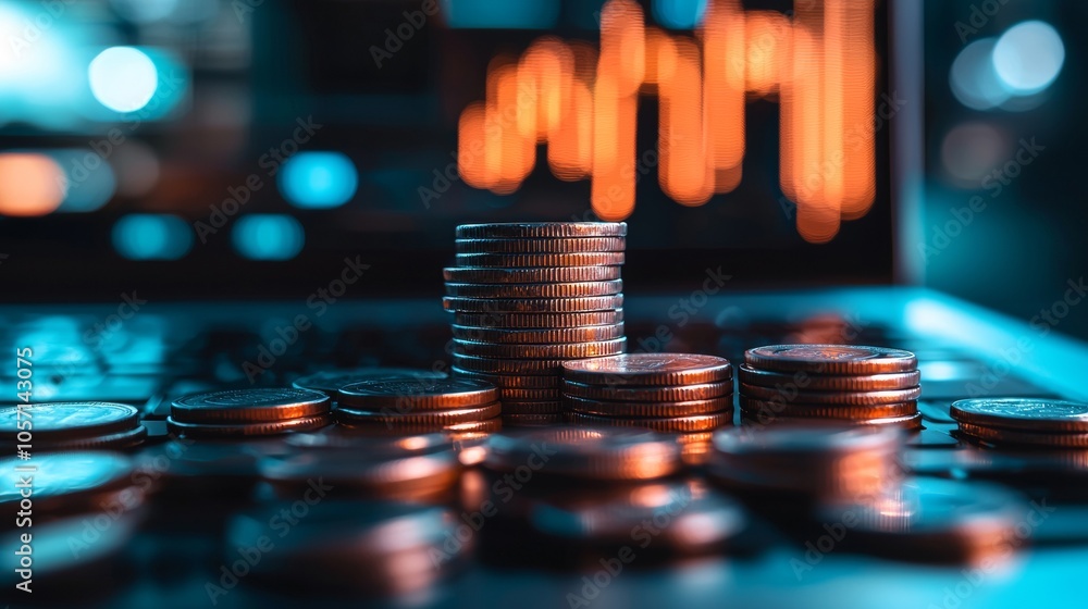 Stacks of coins with financial chart in the background Stacks of coins with financial chart in the background
