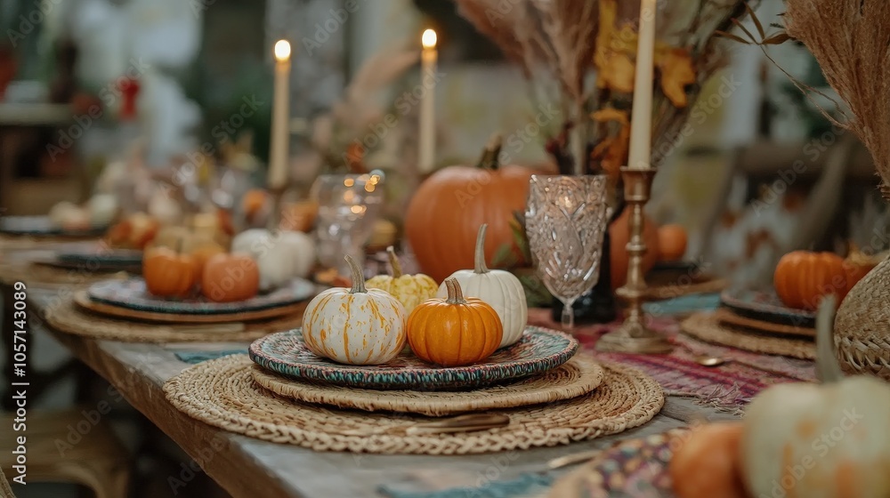 A beautifully arranged autumn table featuring pumpkins, candles, and decorative plates, perfect for a festive gathering or Thanksgiving celebration.