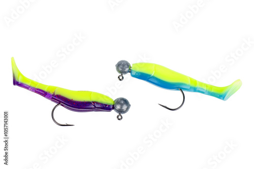 Jig heads with hook for professional spinning fishers isolated on white.Top view photo