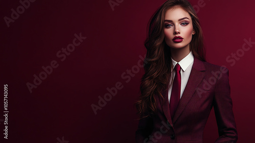 A dapper woman in a tailored suit and tie, standing against a rich burgundy background, with generous room for promotional text.