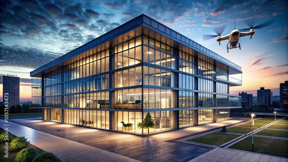 Night View of a Modern Office Center with Coworking Spaces and Beautiful Illuminated Panoramic Windows Night View of a Modern Office Center with Coworking Spaces and Beautiful Illuminated Panoramic Windows
