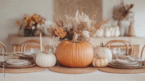 A cozy autumn dining table featuring a centerpiece of beautifully arranged pumpkins and dried flowers, creating a warm and inviting atmosphere. photo