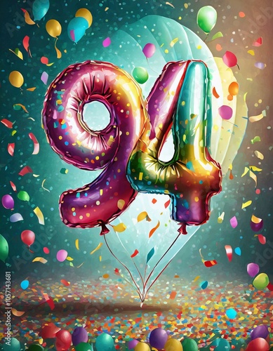 Birthday / anniversary balloon, number 94, colorful illustration with confetti and festive decoration