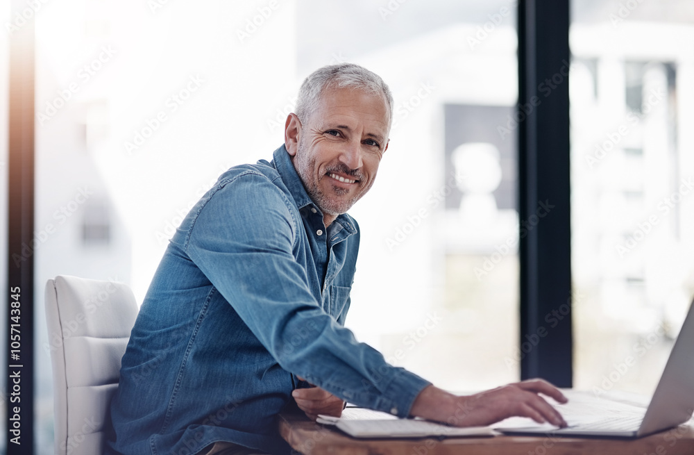 Mature man, office and portrait with laptop for research information, update or business news website. Company, financial advisor and smile with tech for investment, budget report or portfolio review Mature man, office and portrait with laptop for research information, update or business news website. Company, financial advisor and smile with tech for investment, budget report or portfolio review
