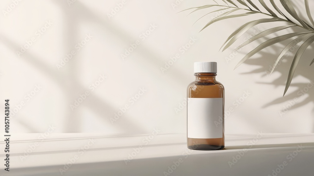 A simple, amber glass bottle with a blank label sits on a sunlit surface, accompanied by soft shadows and a leafy plant. A simple, amber glass bottle with a blank label sits on a sunlit surface, accompanied by soft shadows and a leafy plant.